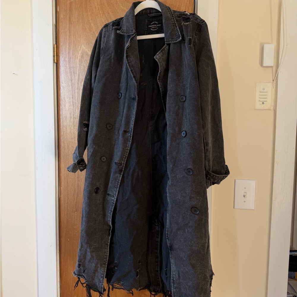 American Bazi Distressed Black Trench Coat